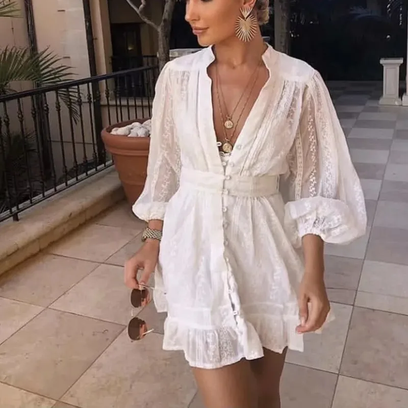

Elegant Stand Collar Women's Summer Dress White Lace Long Sleeve Mini Party Dress New Year Ruffle Clothes 2021