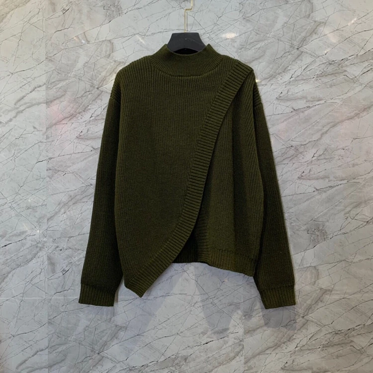 

2021 new women fashion snood, small high collar, solid color decoration, front slit, all-match long-sleeved knitted top 1116