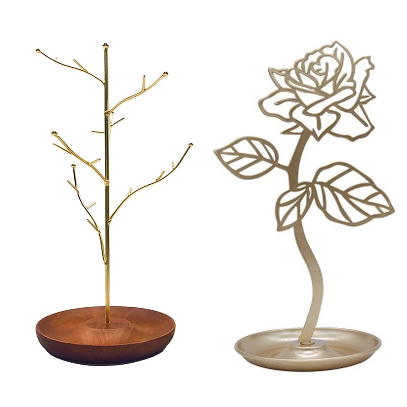 

2 Pcs Jewelry Stand Jewelry Display Stand Earring Necklace Holder Jewelry Hanger Rack, Brown & Rose Gold