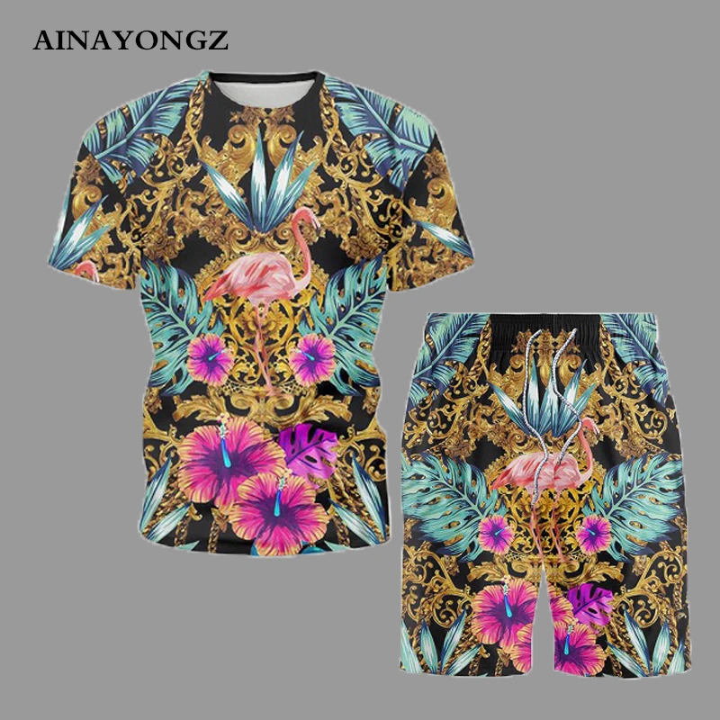Trend Summer Set Pretty Flowers Print Short Sleeve Tracksuit Suit Youth T-Shirt Shorts Men and Women Matching Sets Streetwear