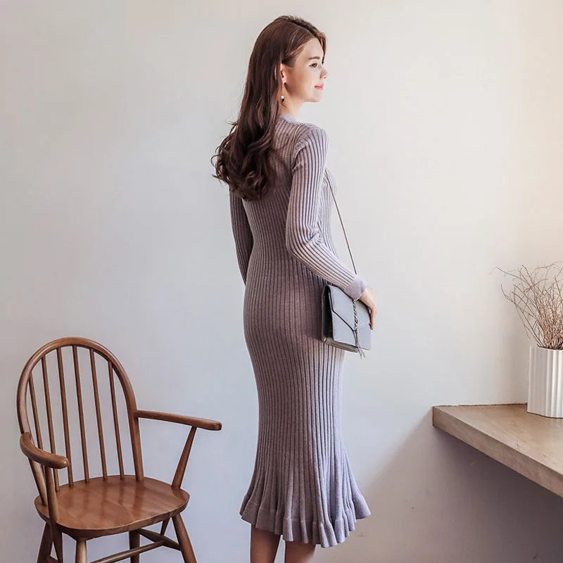 

Elegant Female A-line Slim Sexy Knit Dress Autumn Women O-neck Long Sweater Dress Winter Thick Mermaid Maxi Sweater Dress