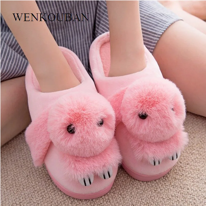 Зимние женские тапочки домашние меховые шлепанцы милые с кроликами теплые