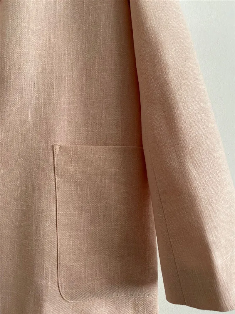 

2021 Spring Woman Pink Linen Blazer Single Breasted Long Sleeves Patch Pockets Lady Coat