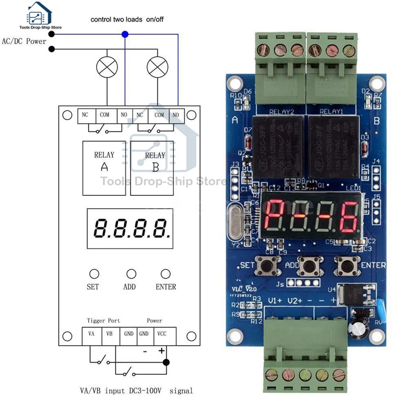

12V Dual Programmable Time Relay Module Relay PLC Board Cycle Delay Timer Module 2 Voltage Detection Control VLC3.0