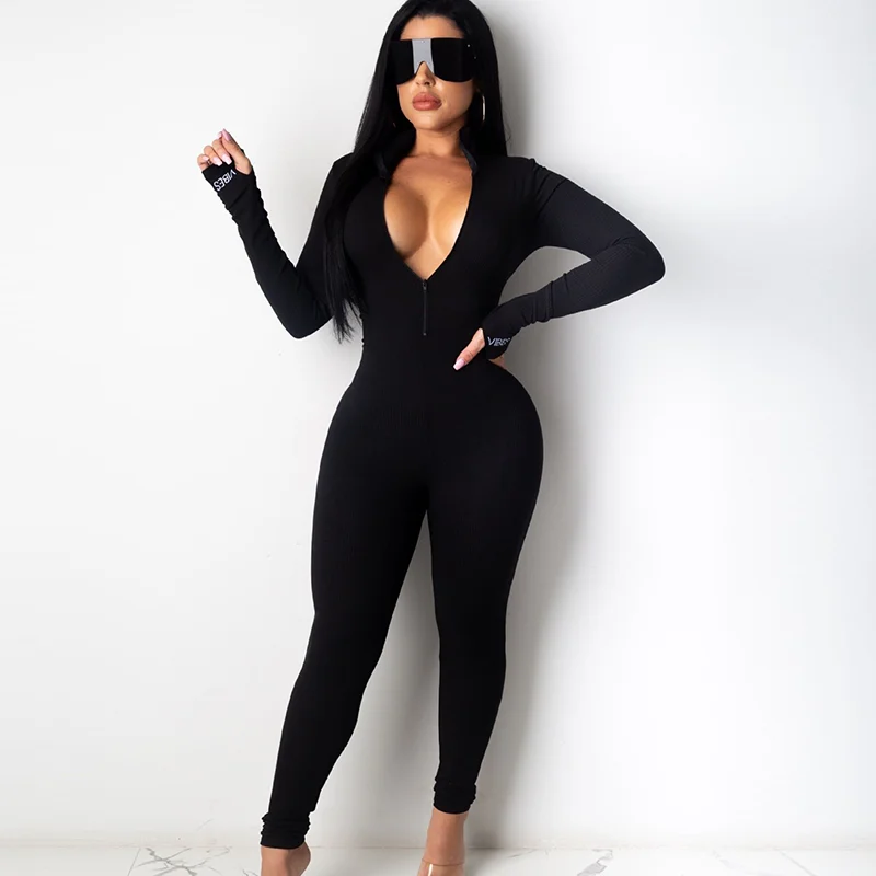

Casual Women Ribbed Jumpsuits Letters Sleeves Turtleneck Zippers Rib Bodysuit Skinny Raised Lines Pattern Outdoor Wear