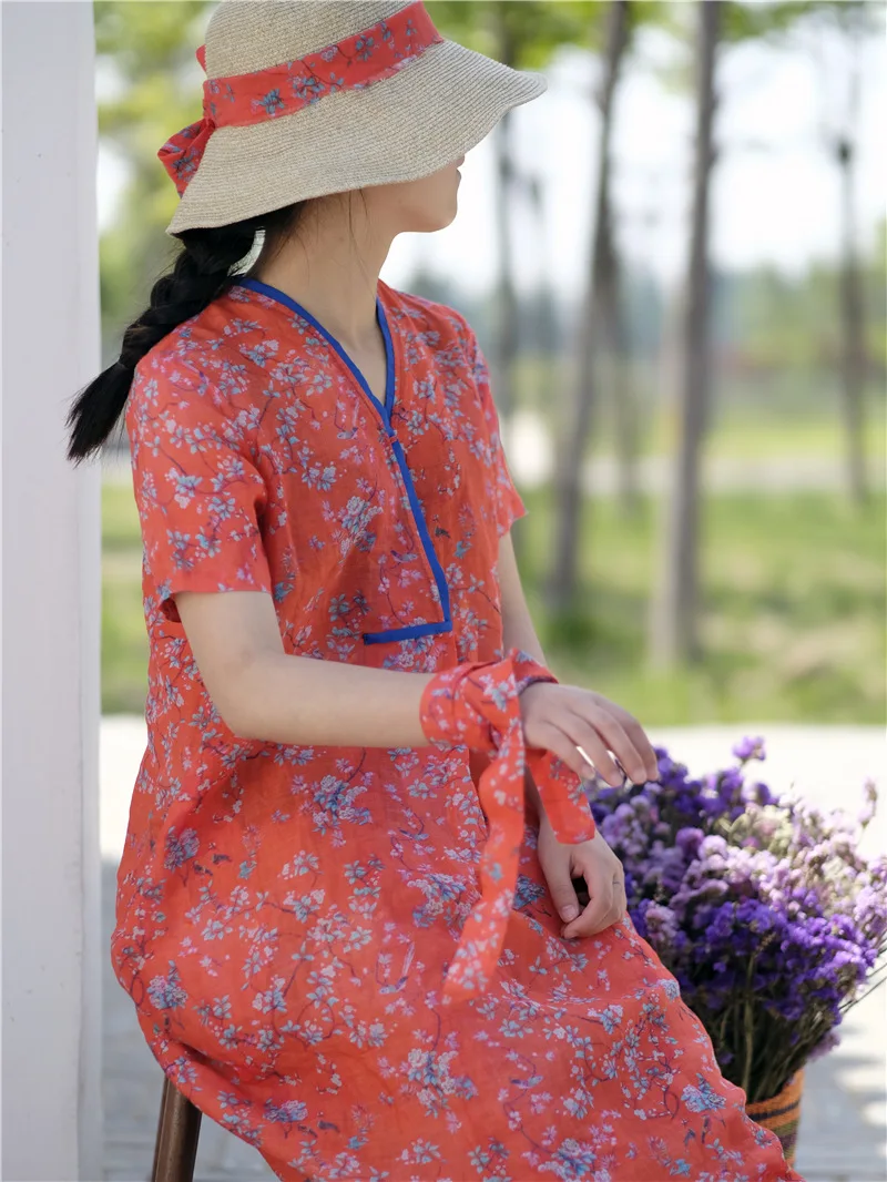

Ayuanjia literature and art dress floral ramie printing Pullover V-neck short sleeve cotton hemp long skirt women's summer