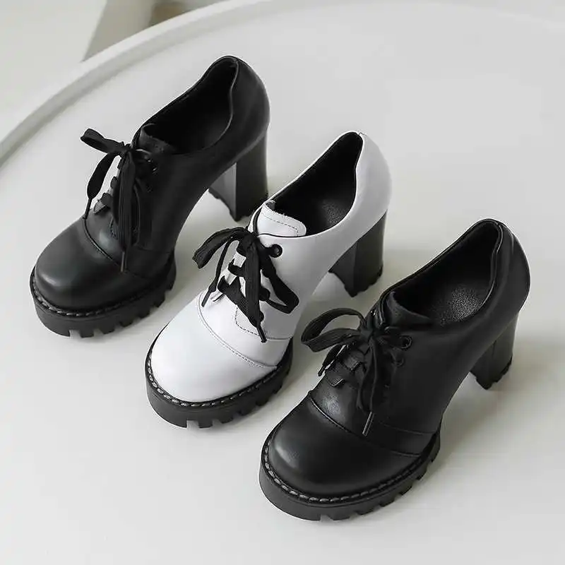

Krazing pot new leisure cow leather round toe super high heels waterproof platform deep mouth lace up fashion spring pumps L1f2