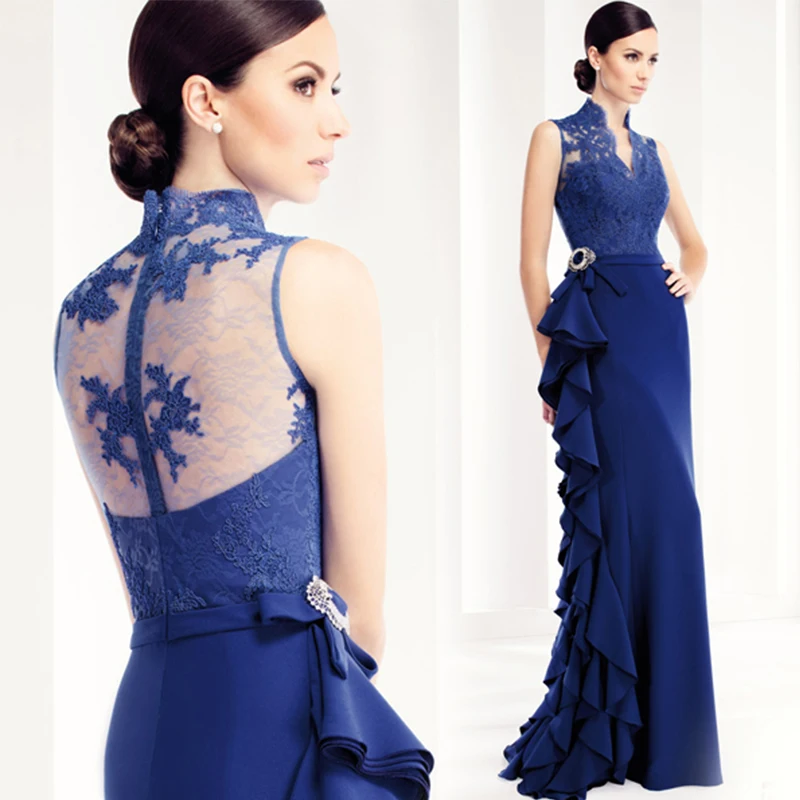 

Custom Made Simple Cheap High Neck Lace Chiffon Long Royal Blue Women Wedding Guest Dress Evening Dress