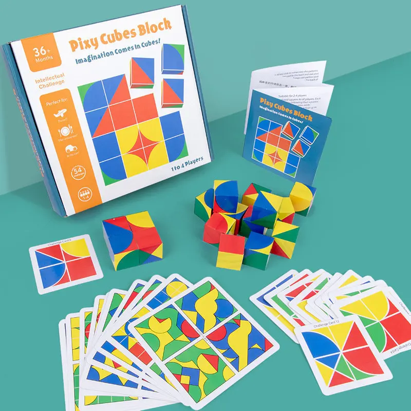 

16Pcs Pixy Cube Wooden Block 3D intellectual Family Game Spatial thinking Early Learning Building Toy For Preschool Kids