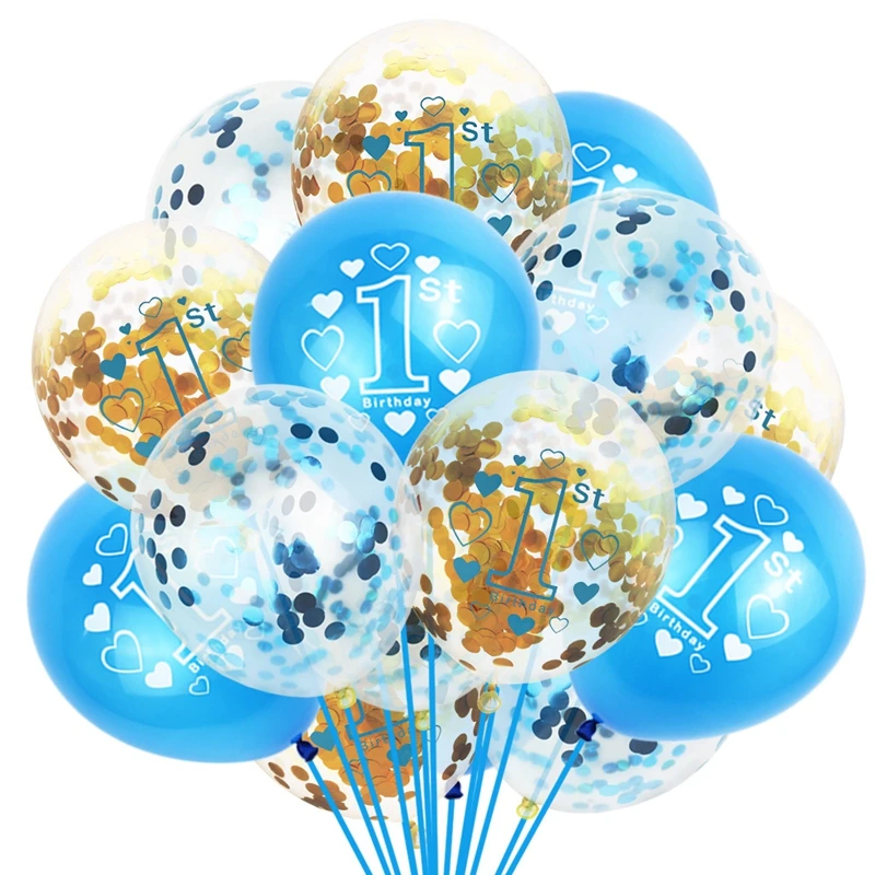 

15pcs Transparent Sequins Confetti 1st Latex Balloons Set Baby Shower Kid's One Year Old Birthday Party Decoration Supplies