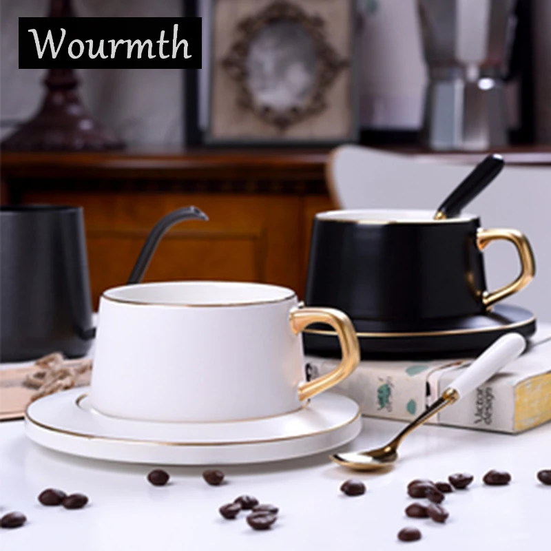 Wourmth Nordic Style Matte Кофейная чашка Блюдце Черно белая роскошная золотая серия