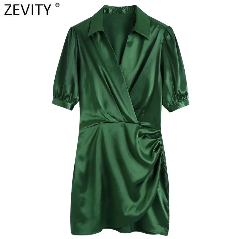 

Женское атласное платье-рубашка ZEVITY, зеленое модное двубортное платье с перекрестной застежкой, офисное шикарное платье с коротким рукавом...