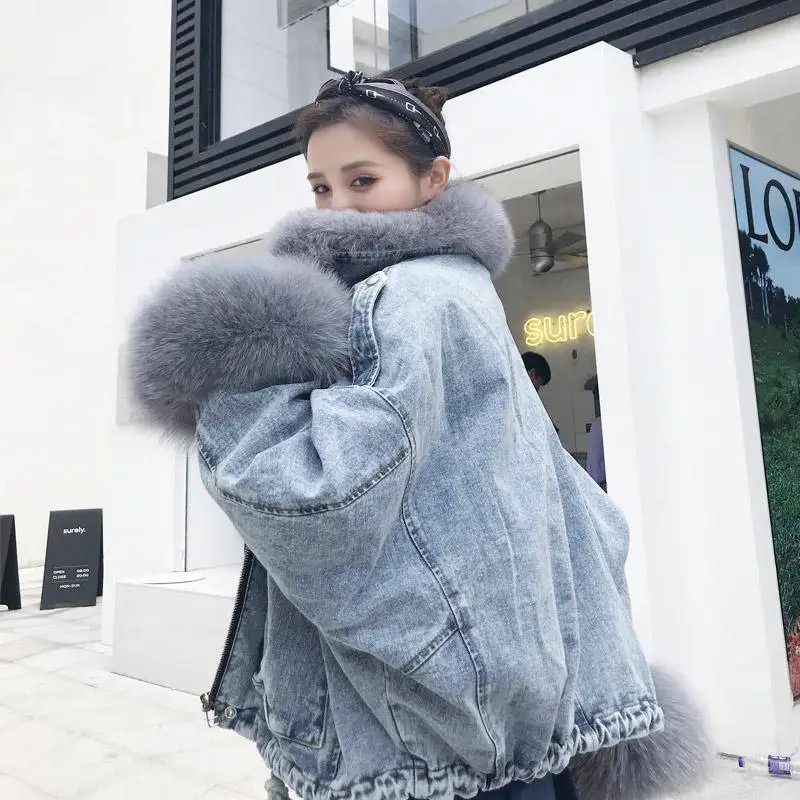 Модная утепленная женская джинсовая куртка в Корейском стиле зима 2020 длинные