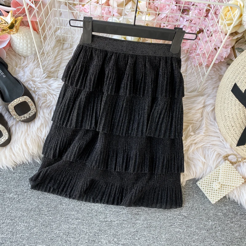 Летняя шикарная Ретро короткая юбка металлик Cakee многослойная плиссированная