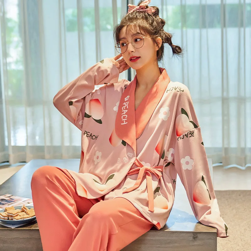 

Spring Autumn Hot Sell Kimono Lady Pajamas Set Pure Cotton Thin Fruit Pattern Loose Home Wear Long Sleeves Comfy Lady Nightie