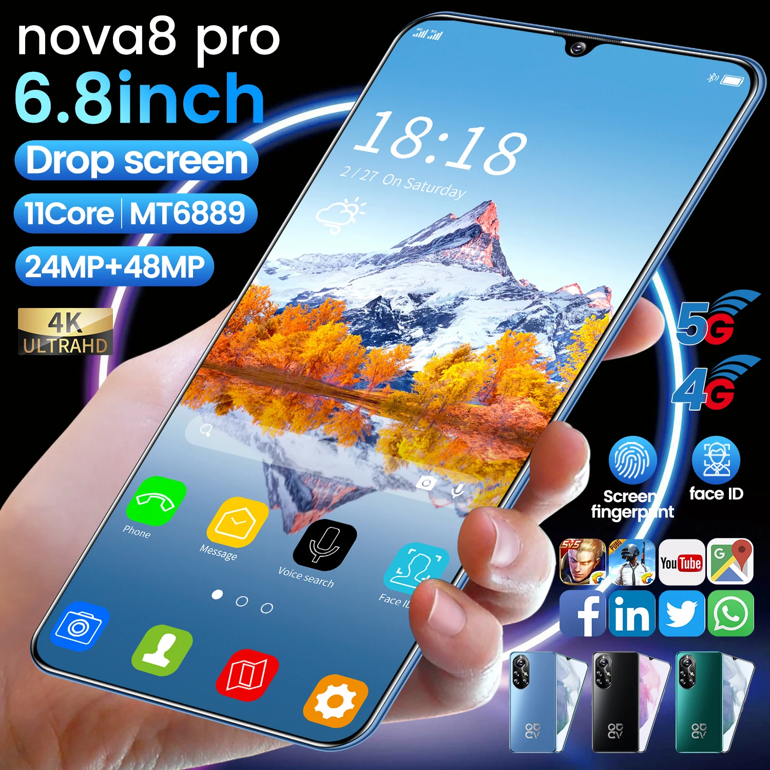 

Global Version Huawe Nova8 Pro 6.8 Inch Screen 6500mAh Battery 16GB 512GB Snapdragon 888 24MP 48MP Camera Face ID Smartphone