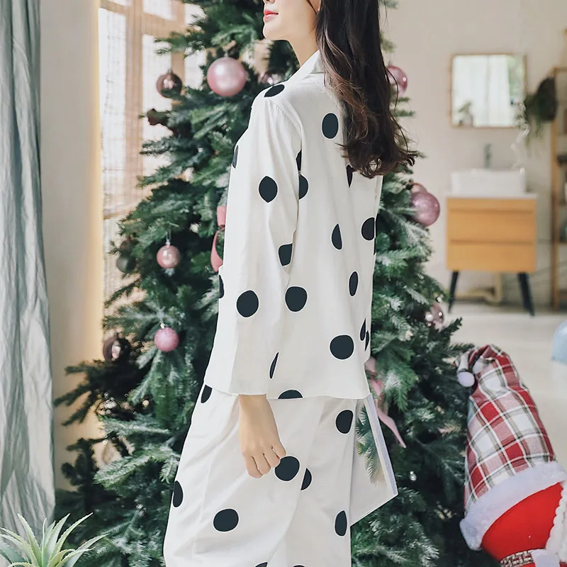 Хлопковая пижама в горошек Женский комплект весна 2019 одежда для сна длинная