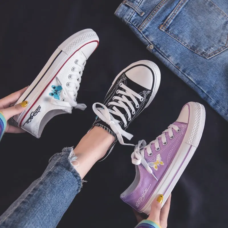 

2020Fashion Sneakers Womens Vulcanize Shoes Student Girls Summer Casual Embroidery Solid Canvas Shoes Women Casual Shoes Sneaker