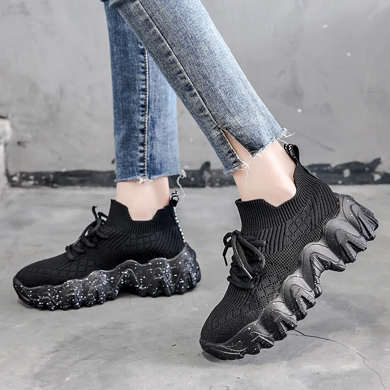 

High Platform Sneakers Women Sock Shoes Thick Sole Knit Sneakers Women Stretch Fabric Shoes Breathable Vulcanized Shoes
