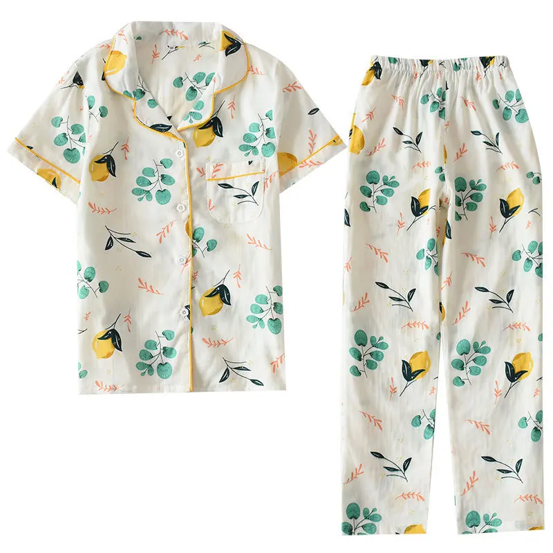

Japanese Kimono Summer Pajamas Ladies Yukata Short-sleeved Trousers Cotton Gauze Cardigan Thin Section Homewear Suit Traditional