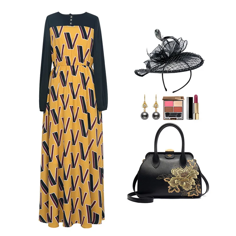

Spring Autumn Long Dress Patchwork Designer Dress Evening Party Elegant Dress Long Sleeves Ankle-Length DZ1281