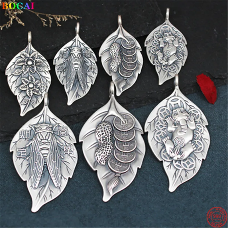 

BOCAI 2022 Trendy S999 Sterling Silver Pendants Retro Old Leaf-shape Cicada Ancient Coins Flower Pure Argentum Jewelry for Men