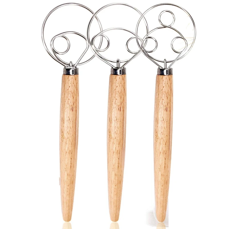 

3PCS Danish Dough Whisks, Mixing Whisk Tools for Kitchen Baking Wooden Handle Manual Dough Mixer