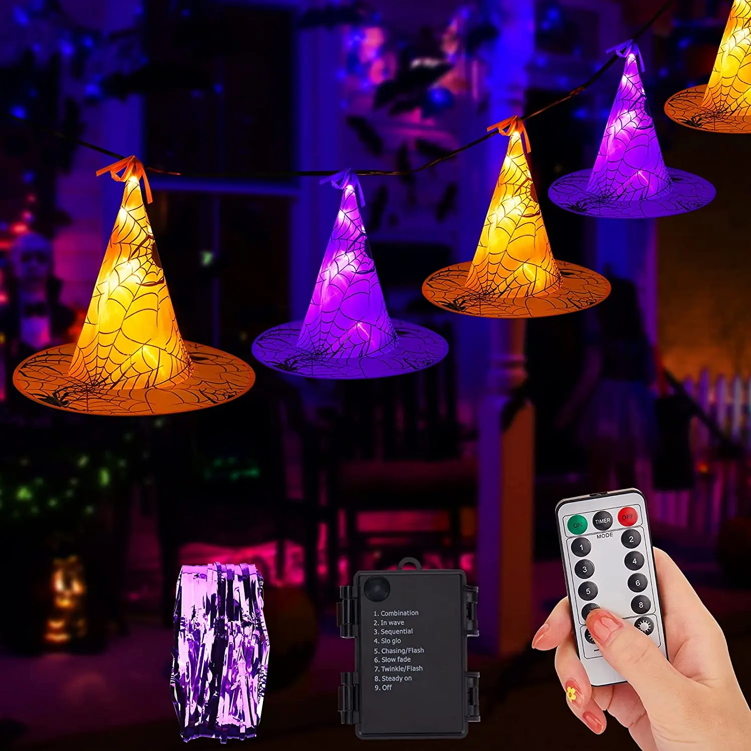 

Halloween Lights Witch Hat, 56 LED Battery Operated Purple and Orange Lights with 8 Pack Hanging Lighted Hats