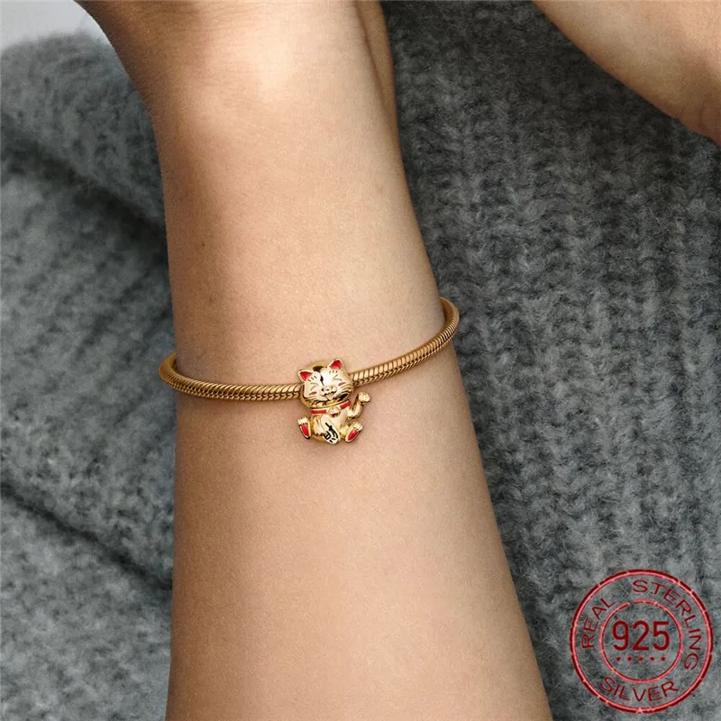 

100% Real 925 Sterling Silver Chinese Lucky cat Gold Golden Gift Charms Fit Original pandora Bracelets Silver DIY Jewelry Women