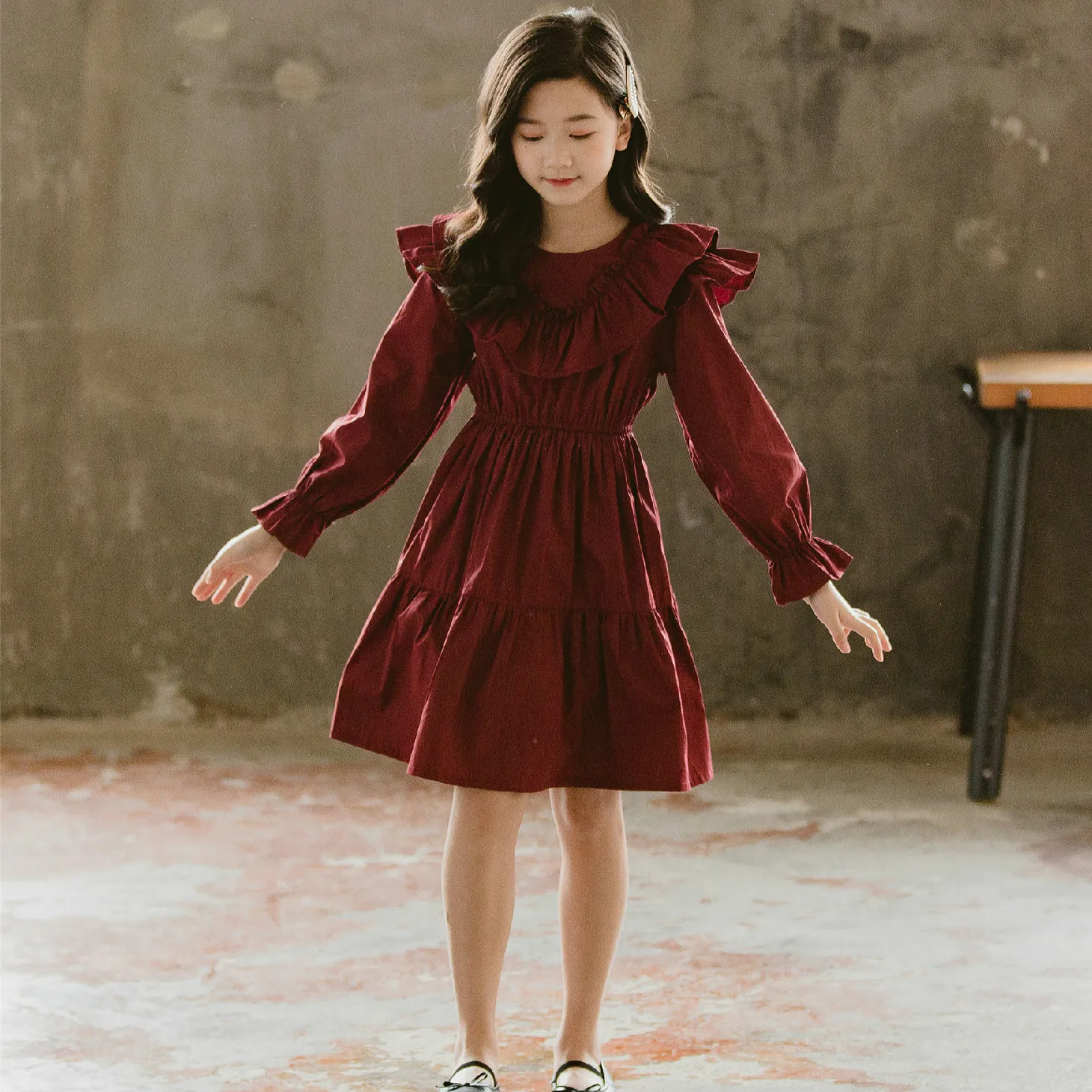 

2020 Fall New Kids Dress for Girls Children Cotton Dress Elegant Retro Baby Princess Dress Wine Red Girls Clothes Ruffles, #8706