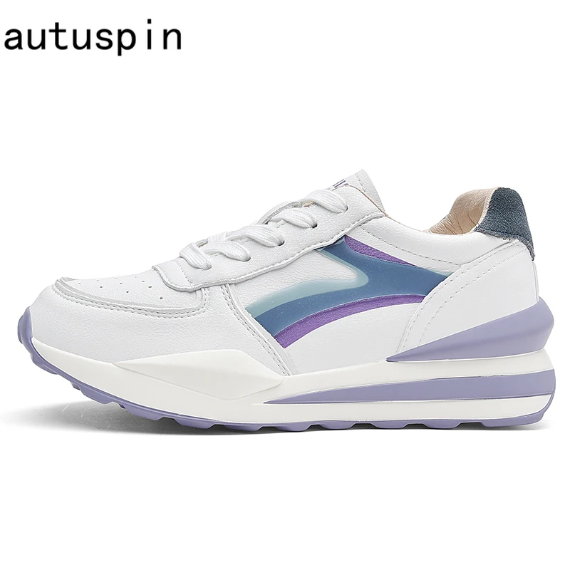 

Autuspin Leather Mesh Sports Shoes Women Platform Lace Up Ladies Footwear 2021 Winter Mixed Colors Vulcanized Sneakers 35-40