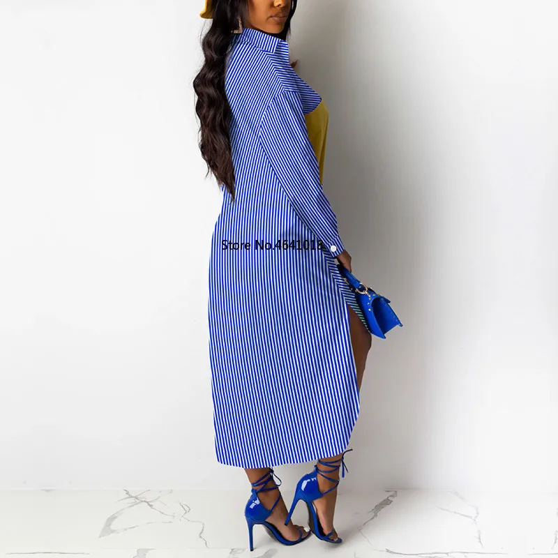 Женское свободное платье рубашка в полоску с длинным рукавом повседневная