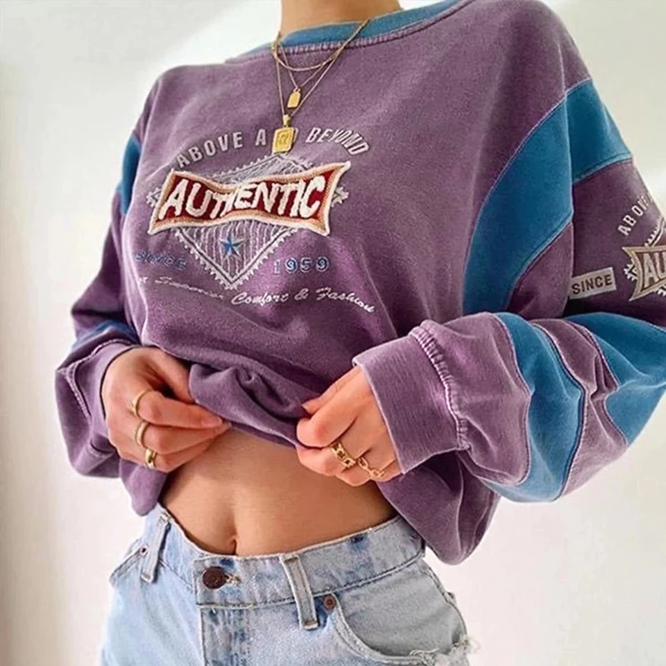 

Embroidery Letter Print Long Sleeve Hoodies Round Neck Oversized Plus Size XXXL Casual Tops Autumn Winter Sweatershirts Purple