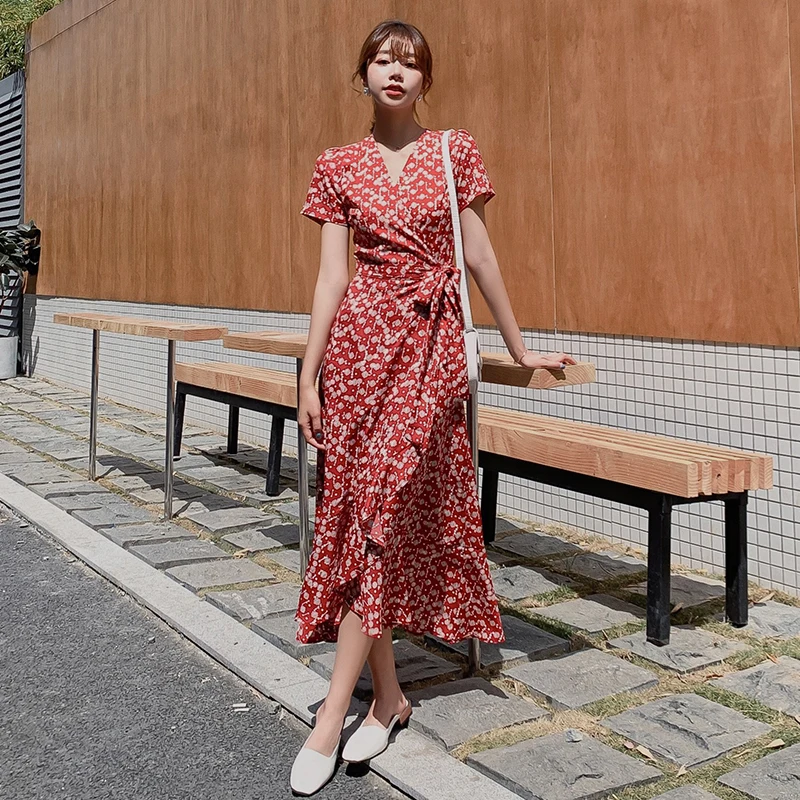 

Women Long Burgundy Chiffon Floral Dress Summer 2020 Runway Elegant Casual Party Dress Boho Retro Tropical Beach Vacation Dress