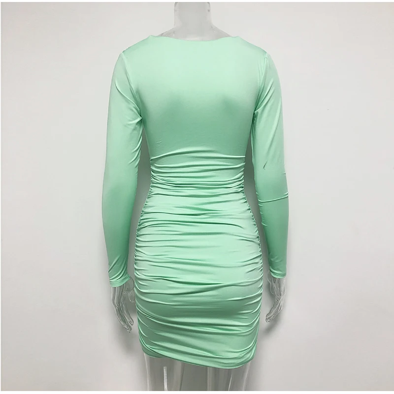 

Colysmo 2 Layers Green Bodycon Dress Women Autumn Sexy Plunging Neckline Front Ruched Dress Woman Party Night Short Dress