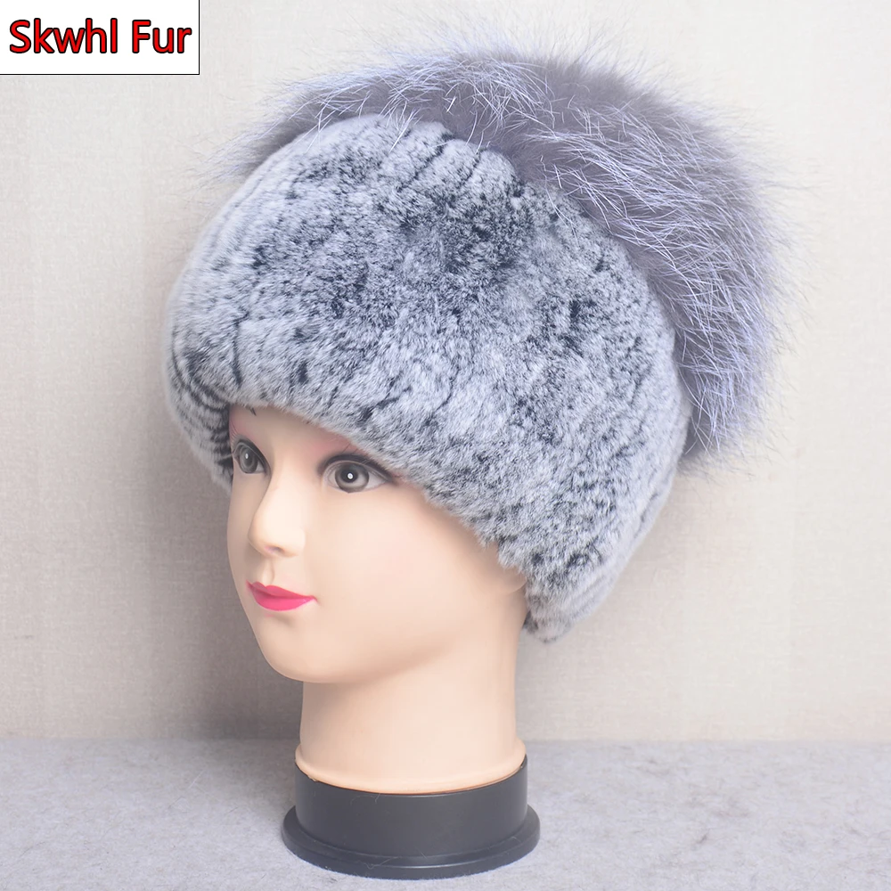 

Russia New Style Women Real Silver Fox Fur Beanies Hat Girls Natural Real Rex Rabbit Fur Skullies Cap Knit Winter Real Fur Hats
