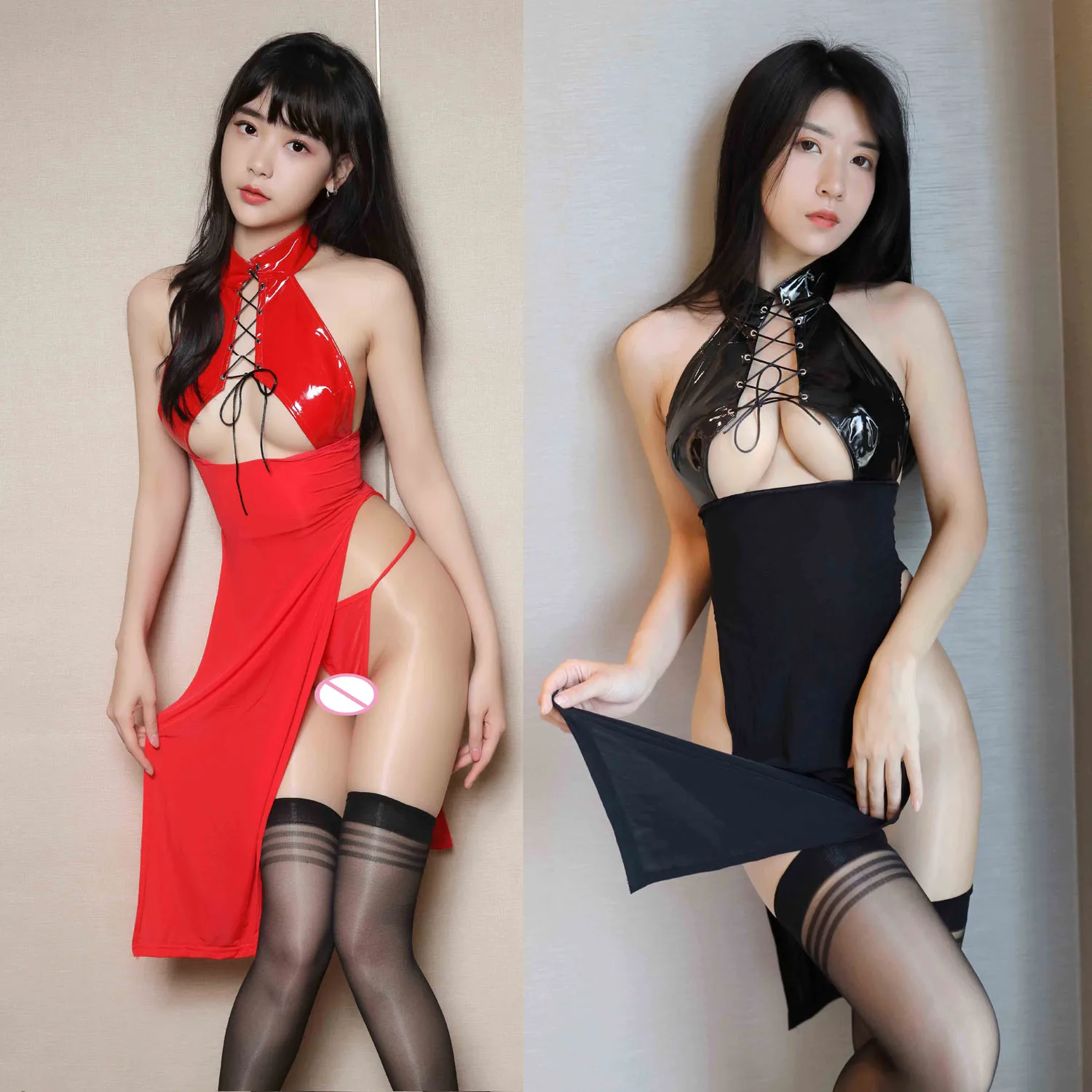 

Hollow Out PVC Patchwork Backless Bandage High Split Hot Dress Sexy Pole Dance Clubwear Vestidos Robe Club Erotique Babydoll