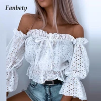 women fashion sexy off shoulder shirt 2021 summer elegant hollow out lace up tops office ladies casual solid simple shirts