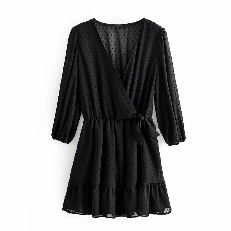 

2020 Summer Women Ruffles Lace Chiffon Dress Boho Mini Beach Dress Three Quarter Sleeve Ladies Party Dresses