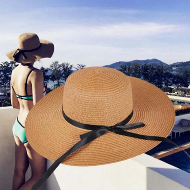 

Simple female summer visor beach hat cute bow wave side sun hat vacation straw hat female seaside sunscreen F2