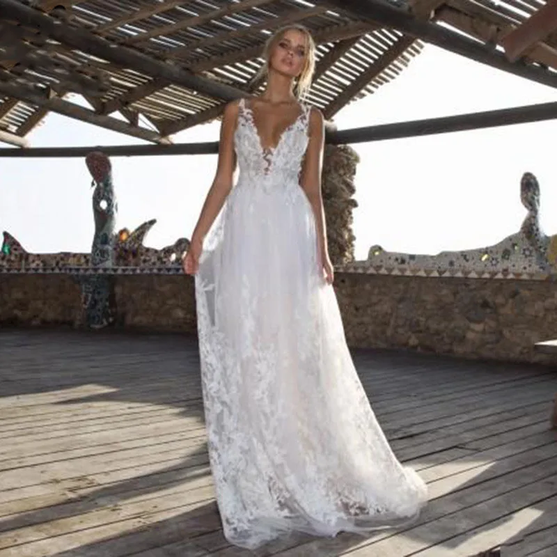 

MNGRL Bridal Dresses Simple Retro White V-neck Sleeveless Plus Size Wedding Dress Backless Tail Wedding Gown