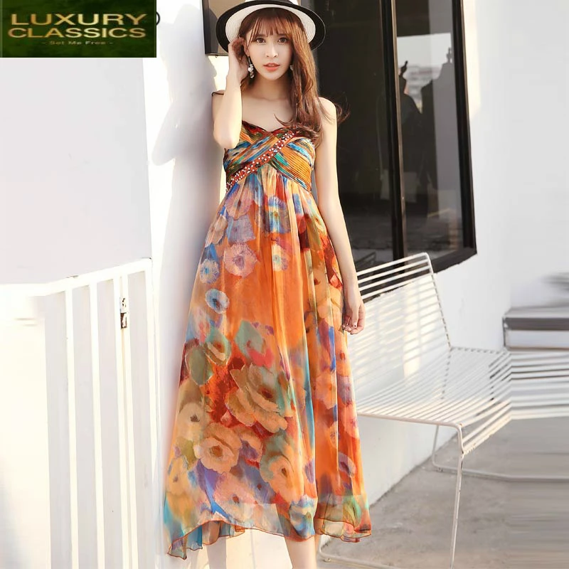 Party Long Real Silk Dress Women Print Boho Dress Sexy Beach Summer Dresses Maxi Dresses Vestidos Verano 2021 LWL1503