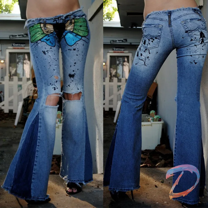 

Women's Jeans European American High Quality Ripped Denim Pants Female Trousers Classic Print Fringed Low-rise Denim Big Flared