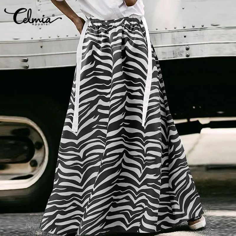 

Celmia Women Zebra Printing Maxi Skirts Elastic High Waist Casual Loose A-line Jupes Holiday 2021 Fashion Street Long Faldas