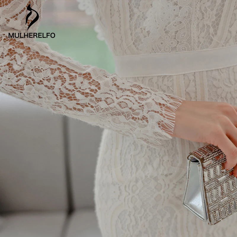 

Sexy Stitching Lace Long Sleeves Women's Dresses Slim Hollow Backless Female Pullover Dress Korean Temperament White Tight Dress