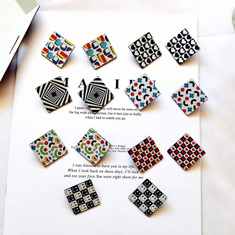 

Retro Pattern Design Stud Earrings Square Black White Smile Striped Lattice Geometric Heart Shaped Earrings Acrylic Earrings