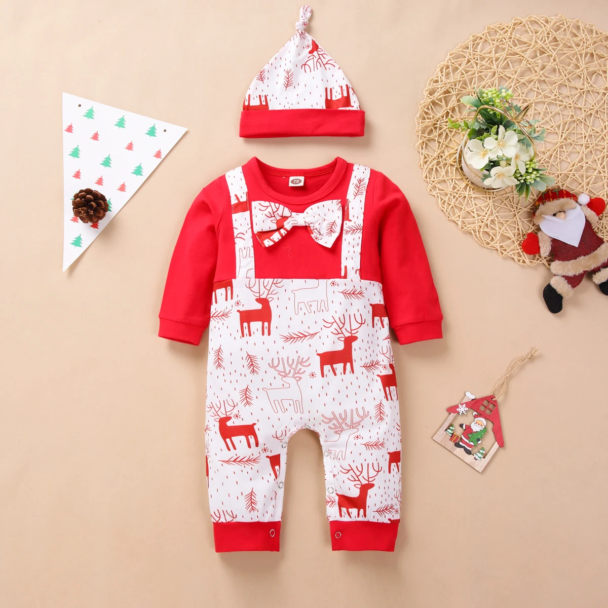 1set Red Christmas Suit Hat Round Neck Long Sleeve Bow Tie Elk One-piece Pants Toddler for 0-18 Month Baby Girls Boys Outfits