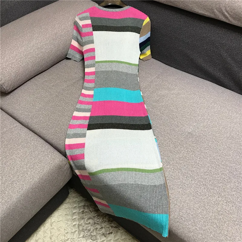 

High Quality Dress Women Fashion Elegant Striped Contrast Color Pencil Dress O-Neck Slim Fit Sheath Knitted Dress 2021 Summer