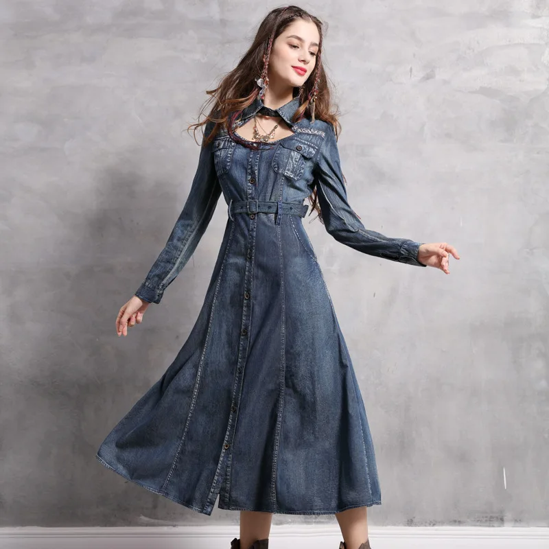 

New brand ladies' spring 2020 lapel embroidery denim belt long-sleeved dress A82123 restoring ancient ways