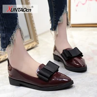 spring flats women shoes bowtie loafers patent leather womens low heels slip on footwear female pointed toe thick heel